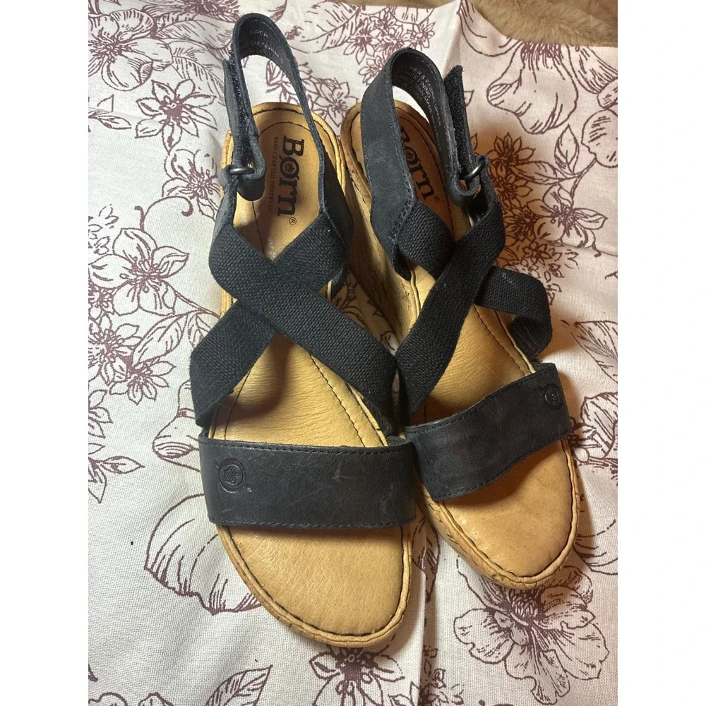 Born Womens F65703 Black Leather Elastic Cork Wedge Slingback Sandals Size 6M